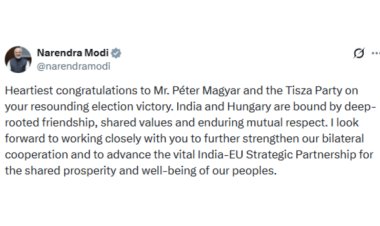 प्रधानमंत्री मोदी ने पीटर मैग्यार और टिस्ज़ा पार्टी को चुनाव में जीत के लिए बधाई दी
